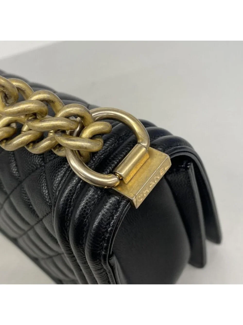 Chanel Shoulder Bag Boy Caviar Leather Black Champagne Gold